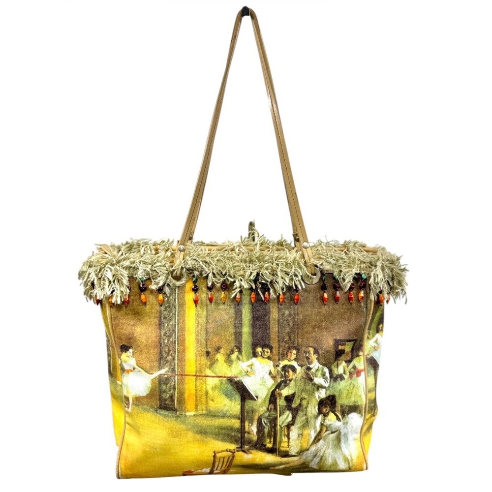 Impressionist Ballet Dancers Art Tote Bag Fringe Beaded Trim Yellow Tan Boho Y2k
